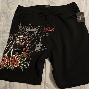 Ed Hardy Black Sweat Shorts with Panther & Rose Graphic. Men's Large.